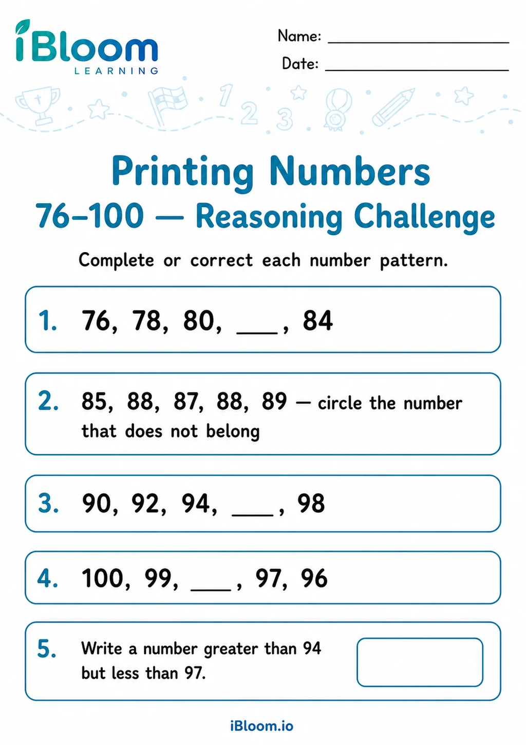 Preview page 1 of Printing Numbers 76–100 — Reasoning Challenge