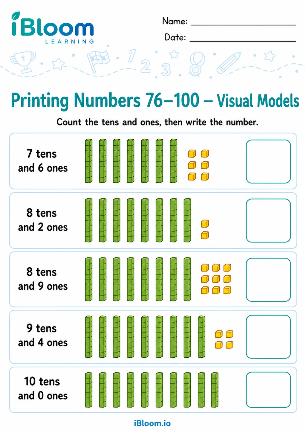 Printing Numbers 76–100 — Visual Models printable Grade 1 worksheet preview