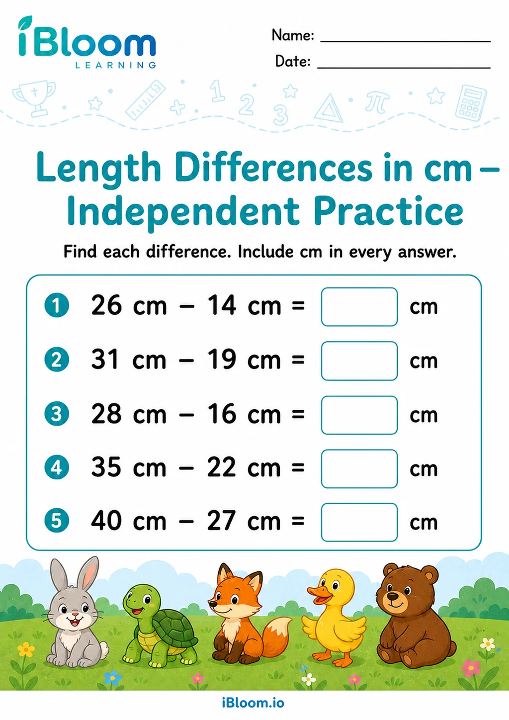Preview page 1 of Length Differences Cm — Independent Practice