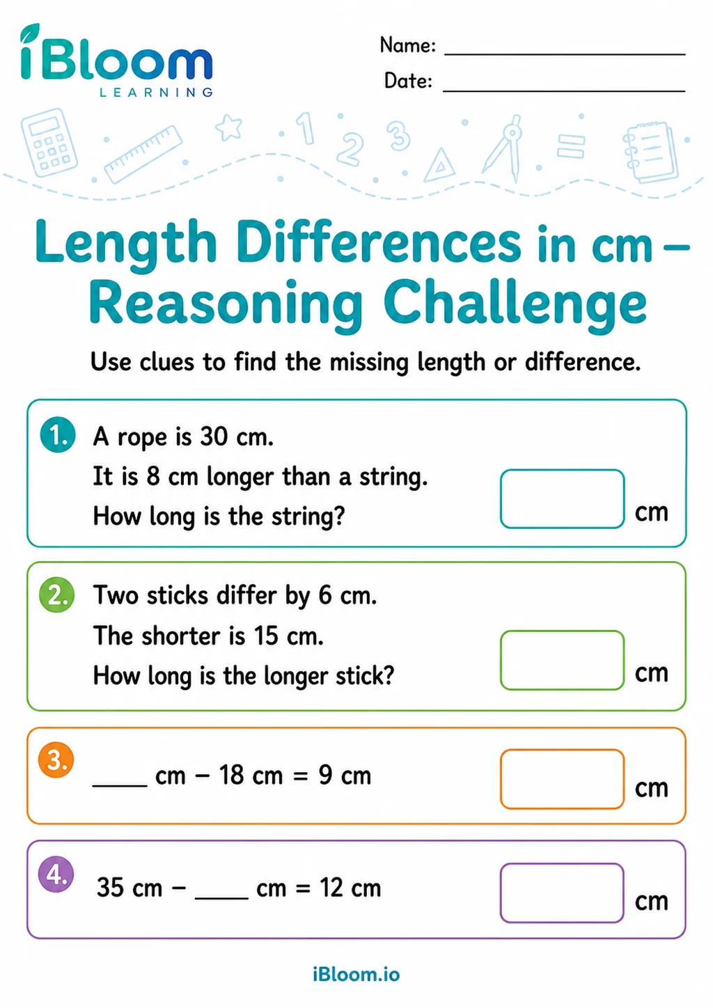 Preview of Length Differences Cm — Reasoning Challenge worksheet