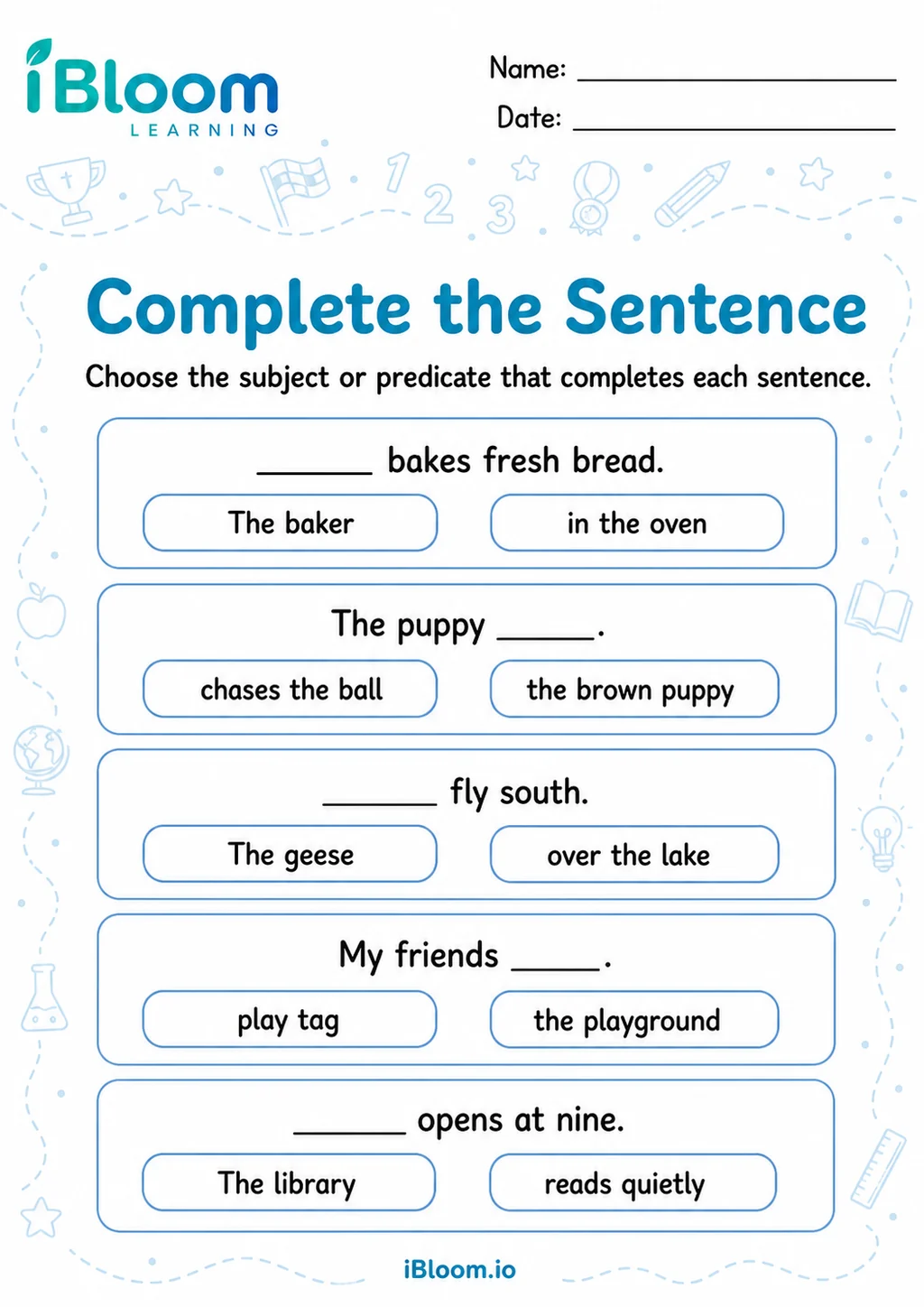 Preview of Write Subjects Predicates — Guided Completion worksheet