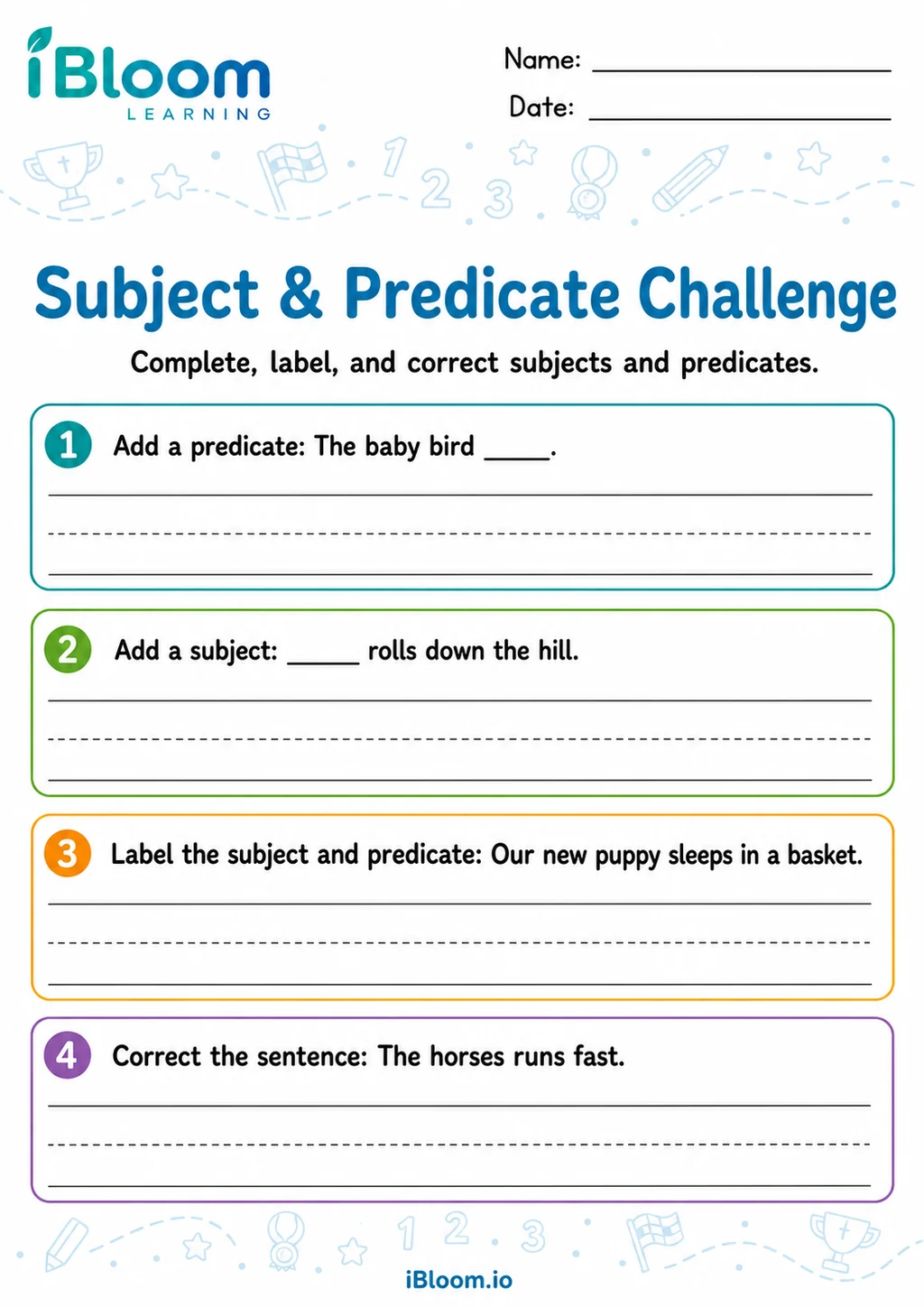 Preview page 1 of Write Subjects Predicates — Mixed Review and Challenge