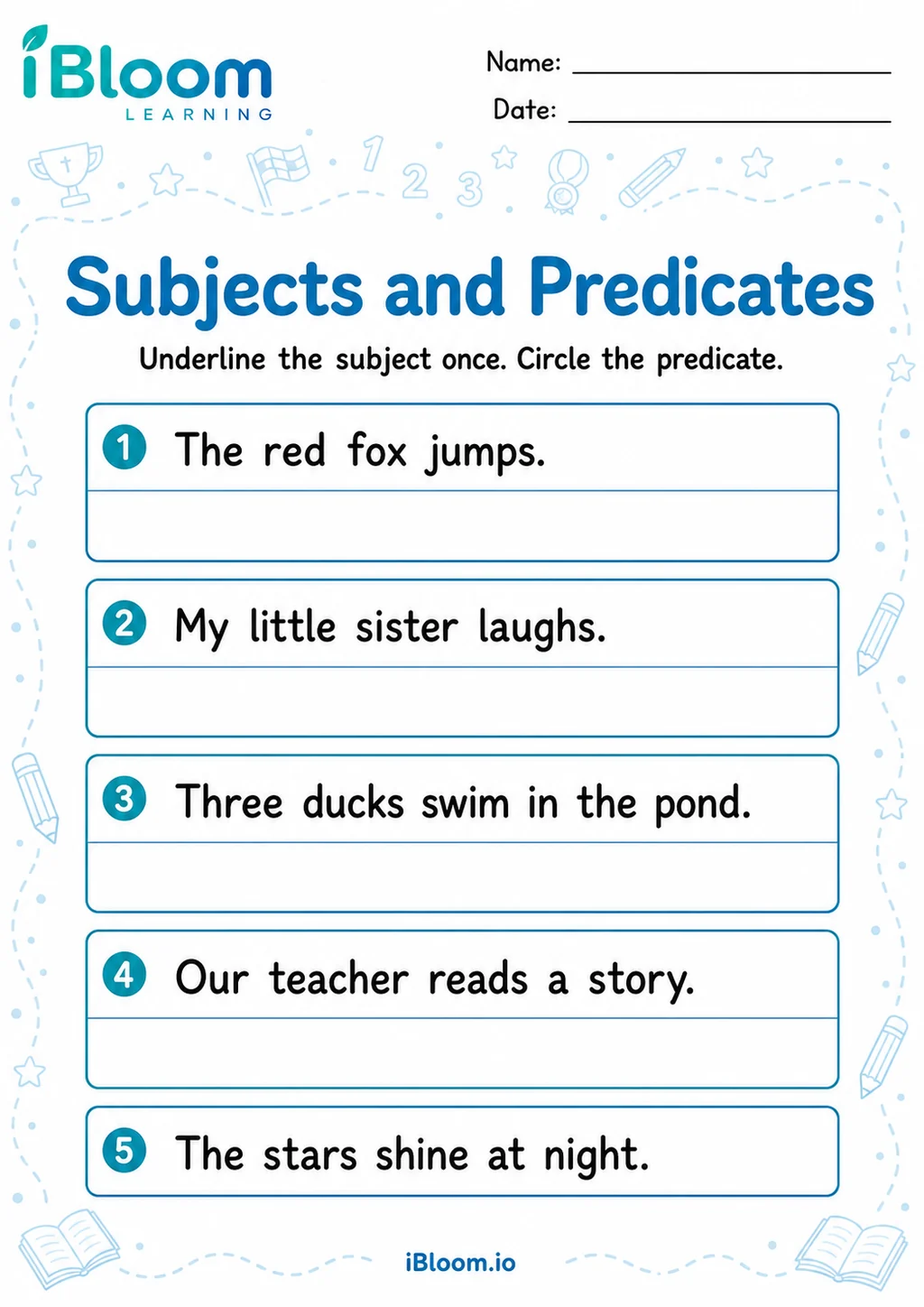 Preview page 1 of Write Subjects Predicates — Recognize the Skill
