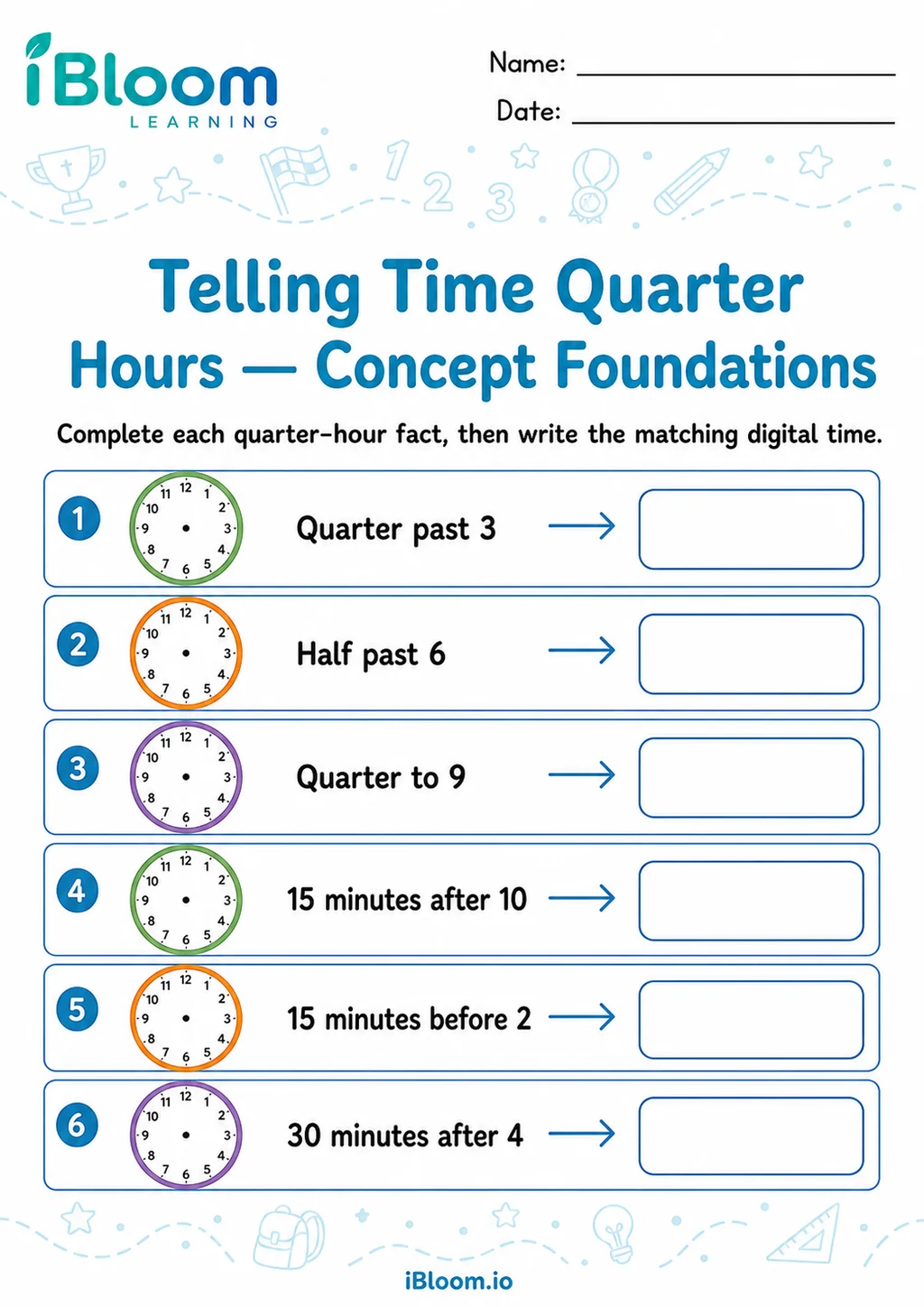 Preview page 1 of Telling Time Quarter Hours — Concept Foundations
