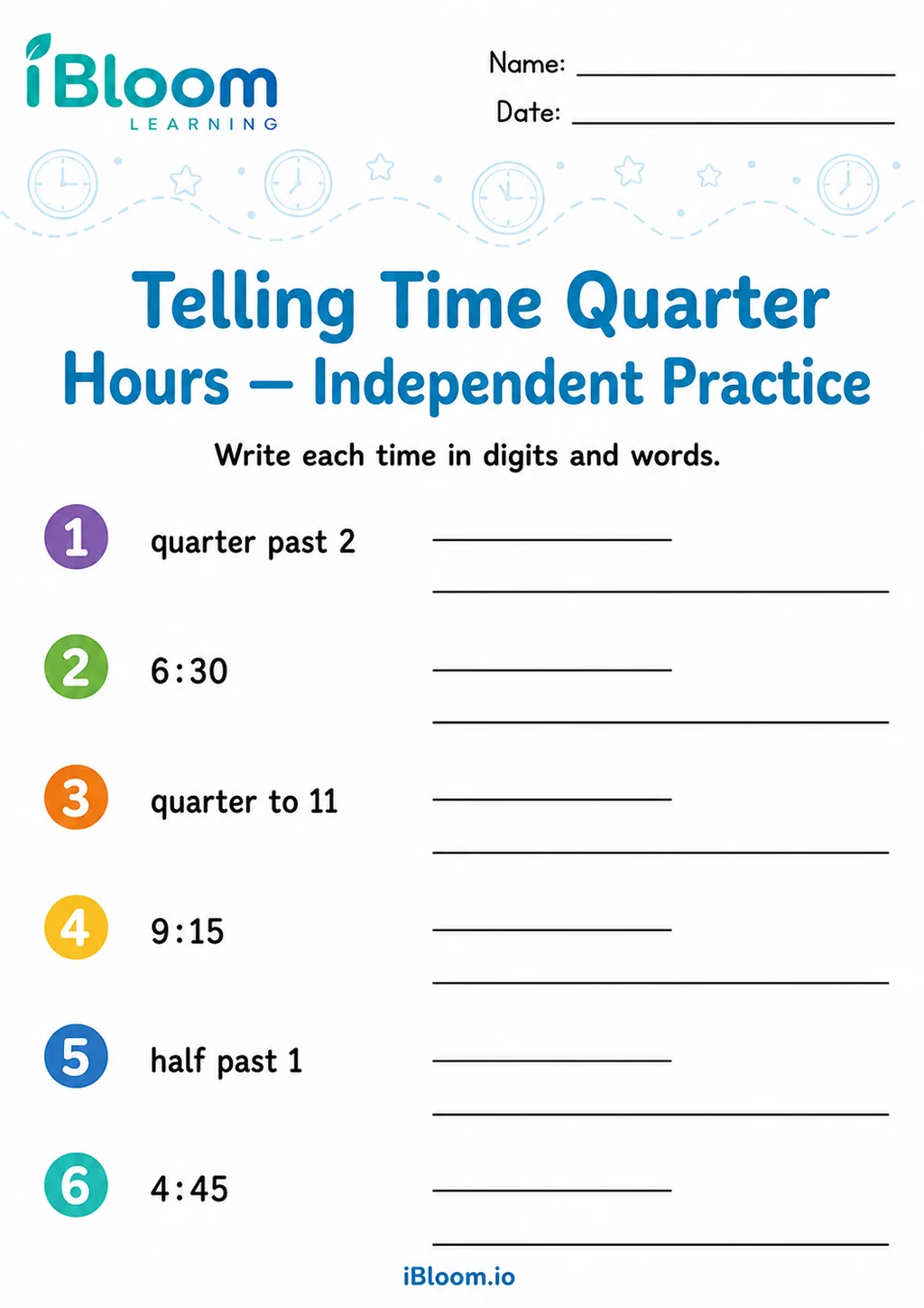 Preview page 1 of Telling Time Quarter Hours — Independent Practice