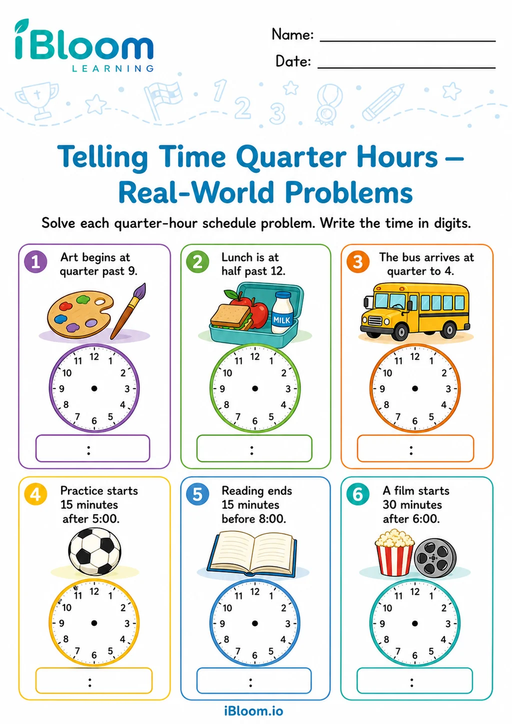 Preview of Telling Time Quarter Hours — Real-World Problems worksheet