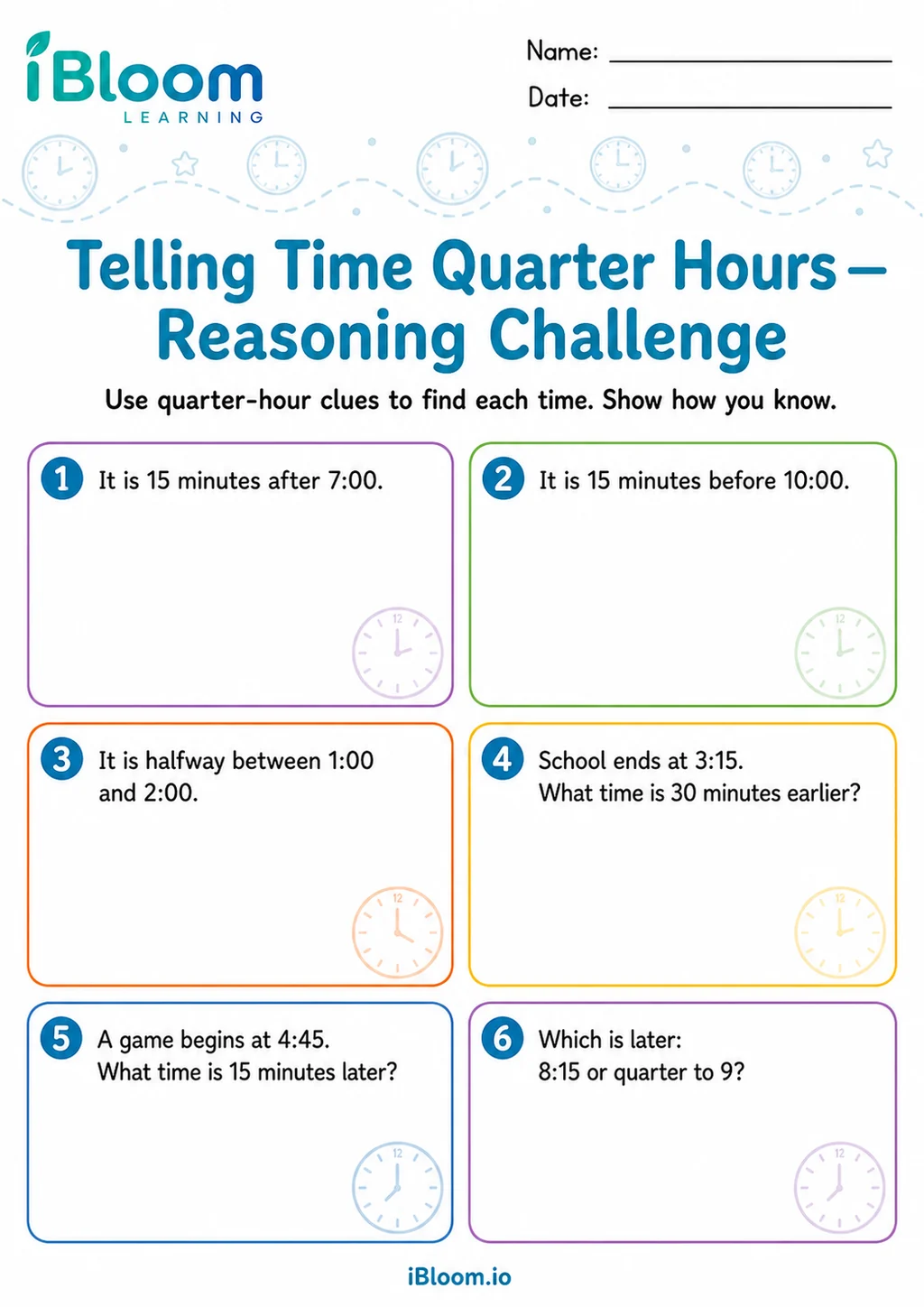 Preview of Telling Time Quarter Hours — Reasoning Challenge worksheet