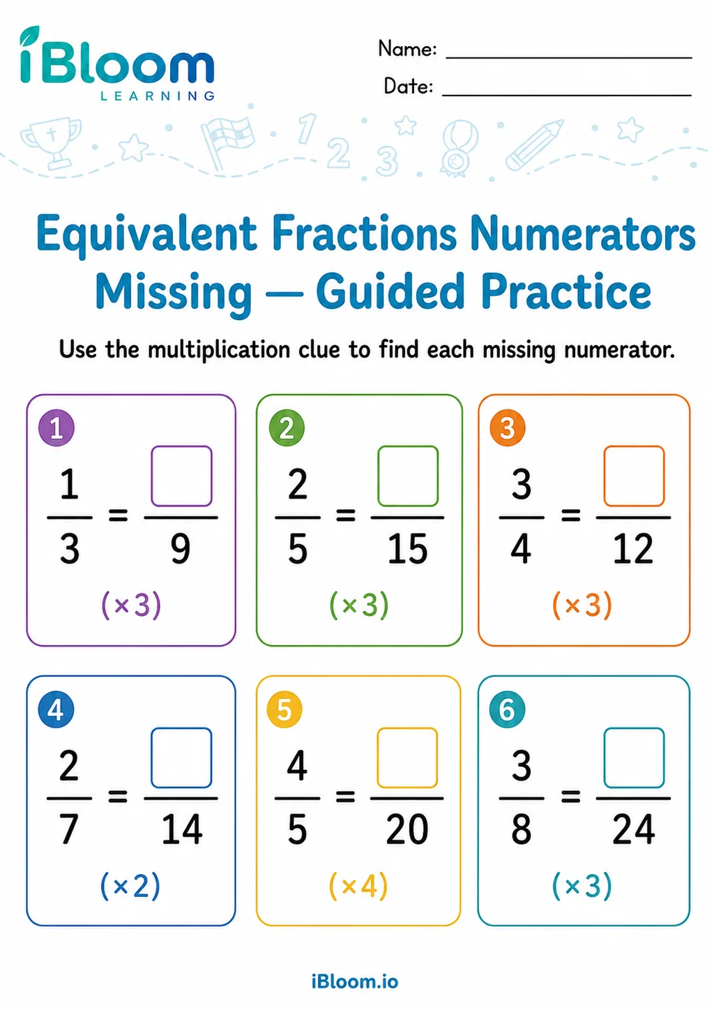 Preview page 1 of Equivalent Fractions Numerators Missing — Guided Practice