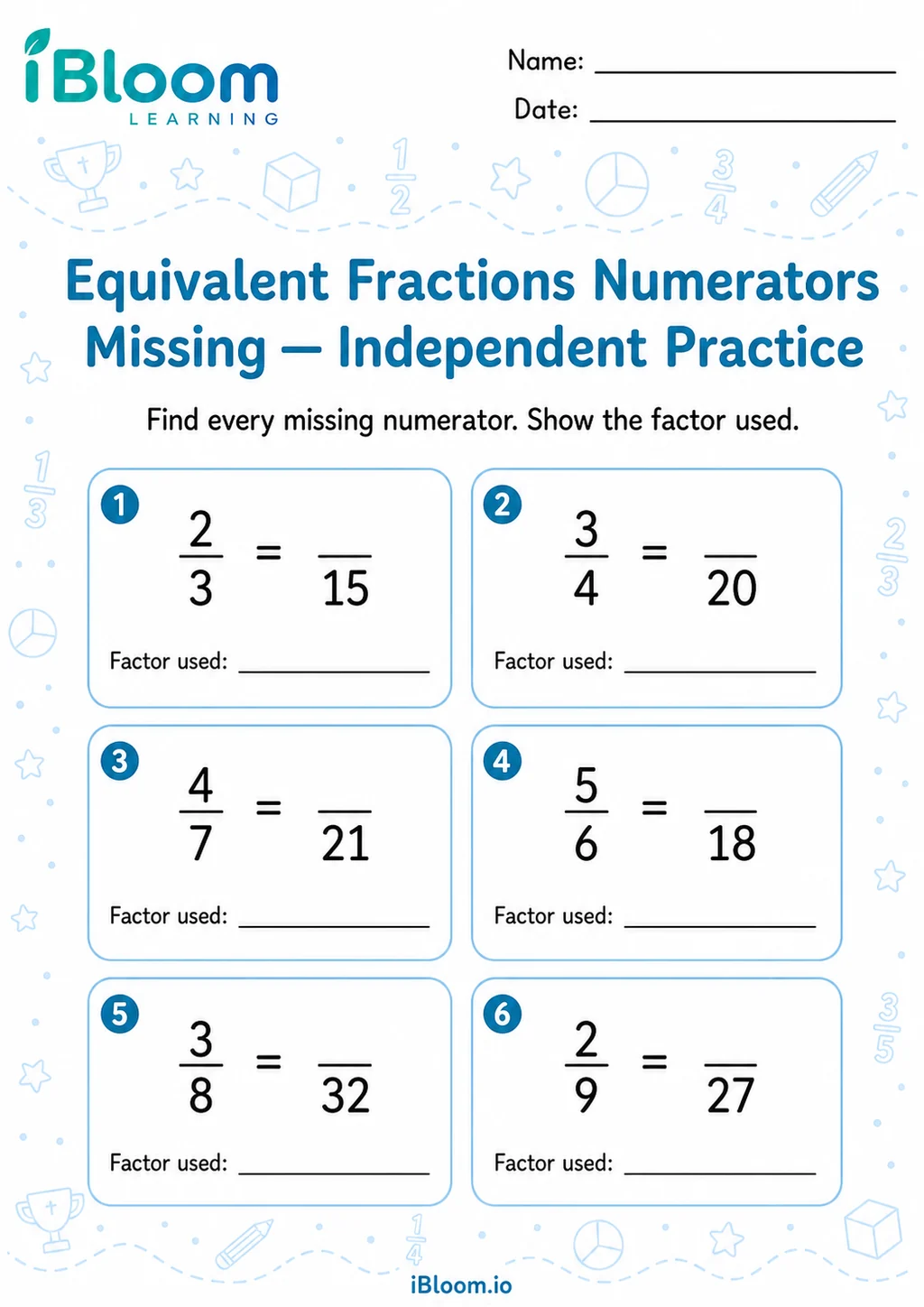 Preview page 1 of Equivalent Fractions Numerators Missing — Independent Practice