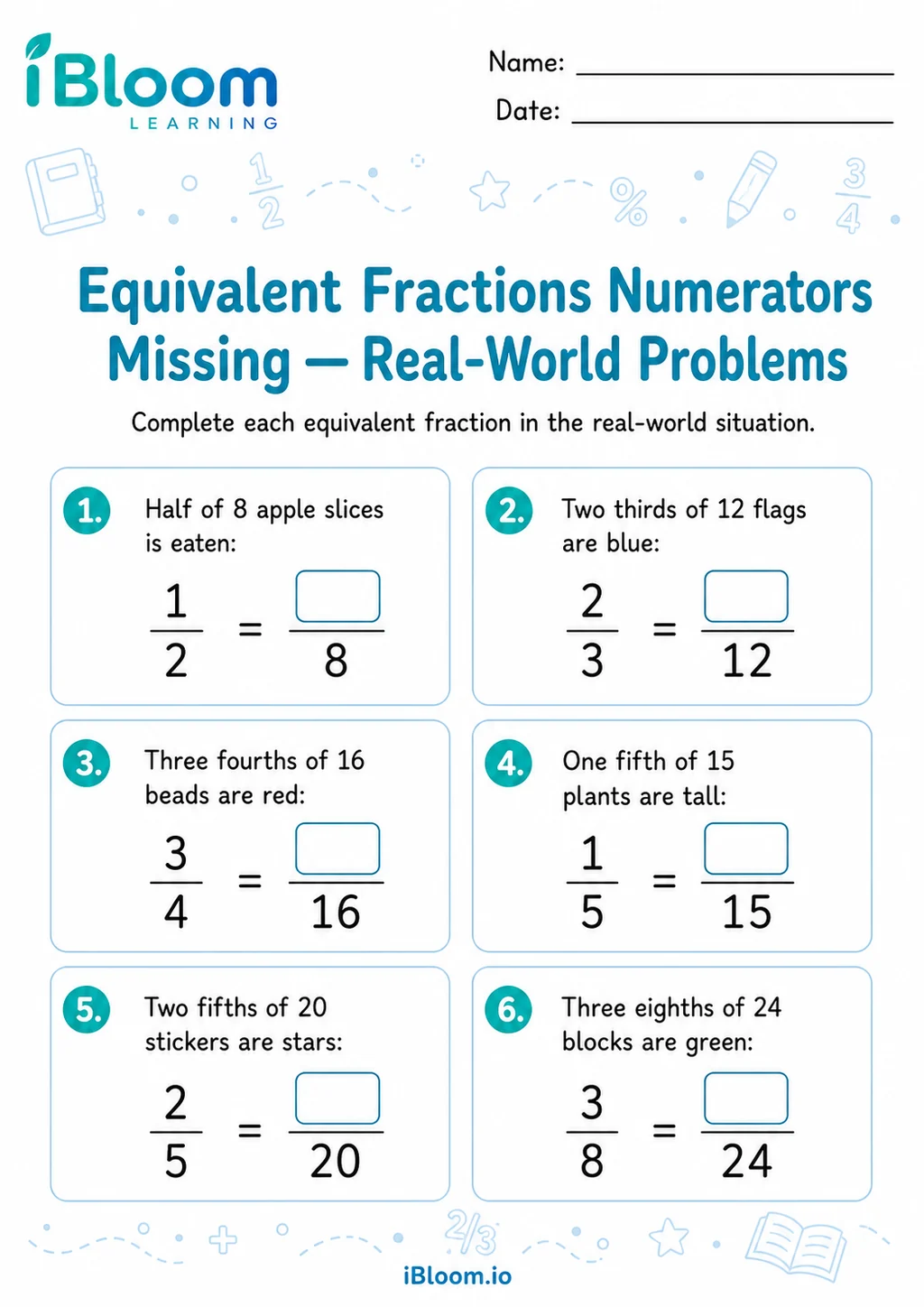 Preview page 1 of Equivalent Fractions Numerators Missing — Real-World Problems