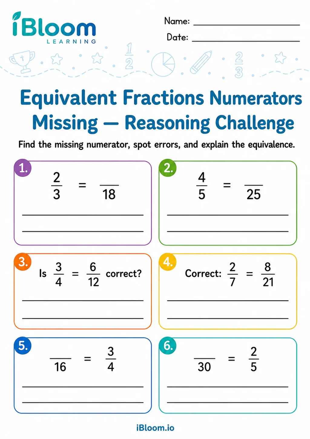 Preview page 1 of Equivalent Fractions Numerators Missing — Reasoning Challenge