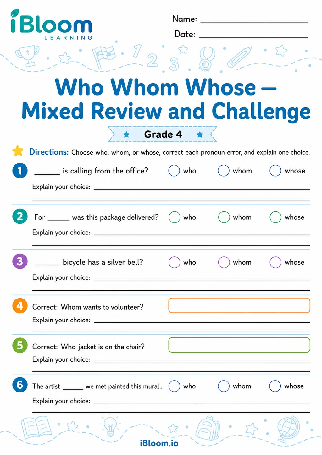 Preview of Who Whom Whose — Mixed Review and Challenge worksheet