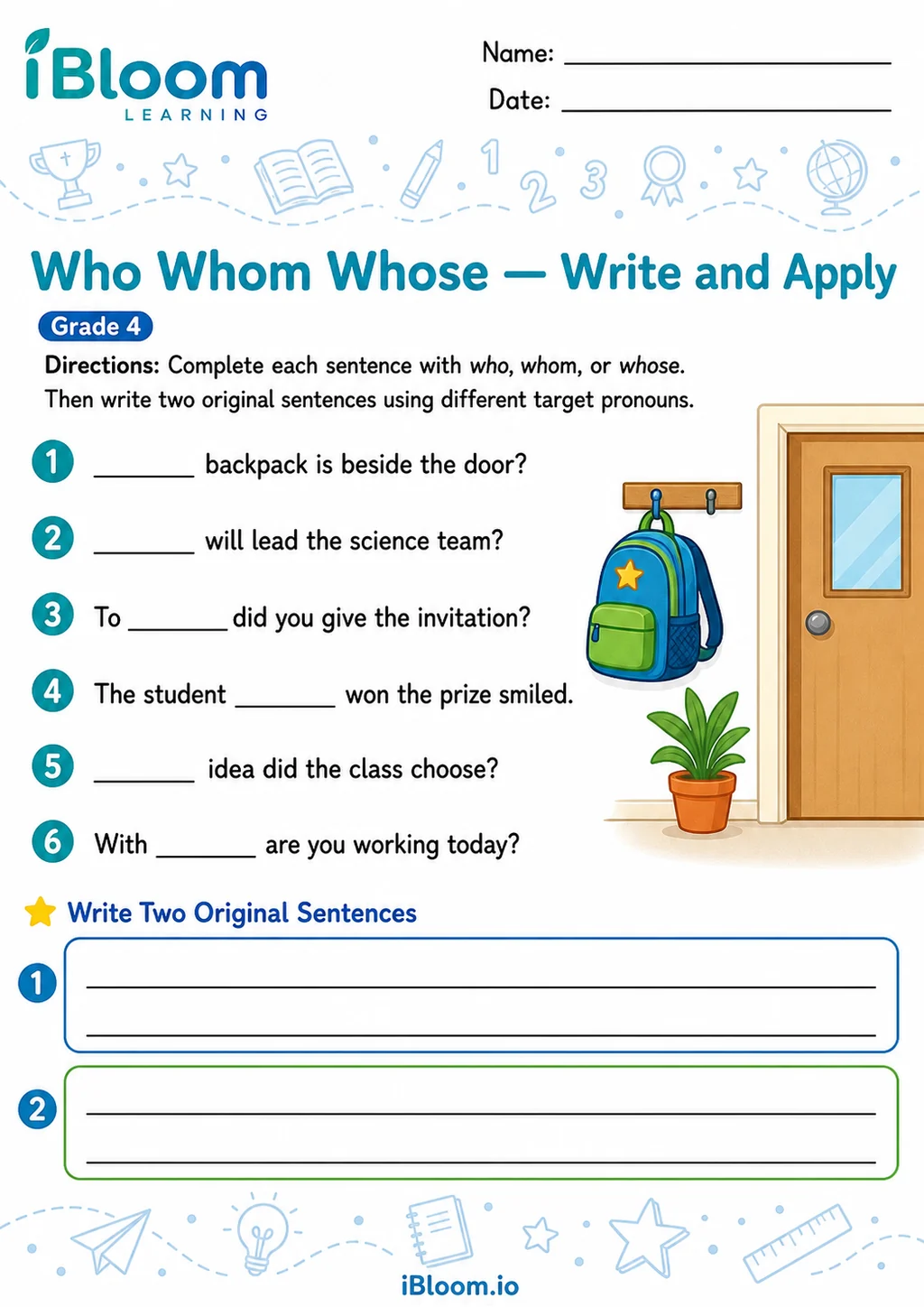 Preview of Who Whom Whose — Write and Apply worksheet