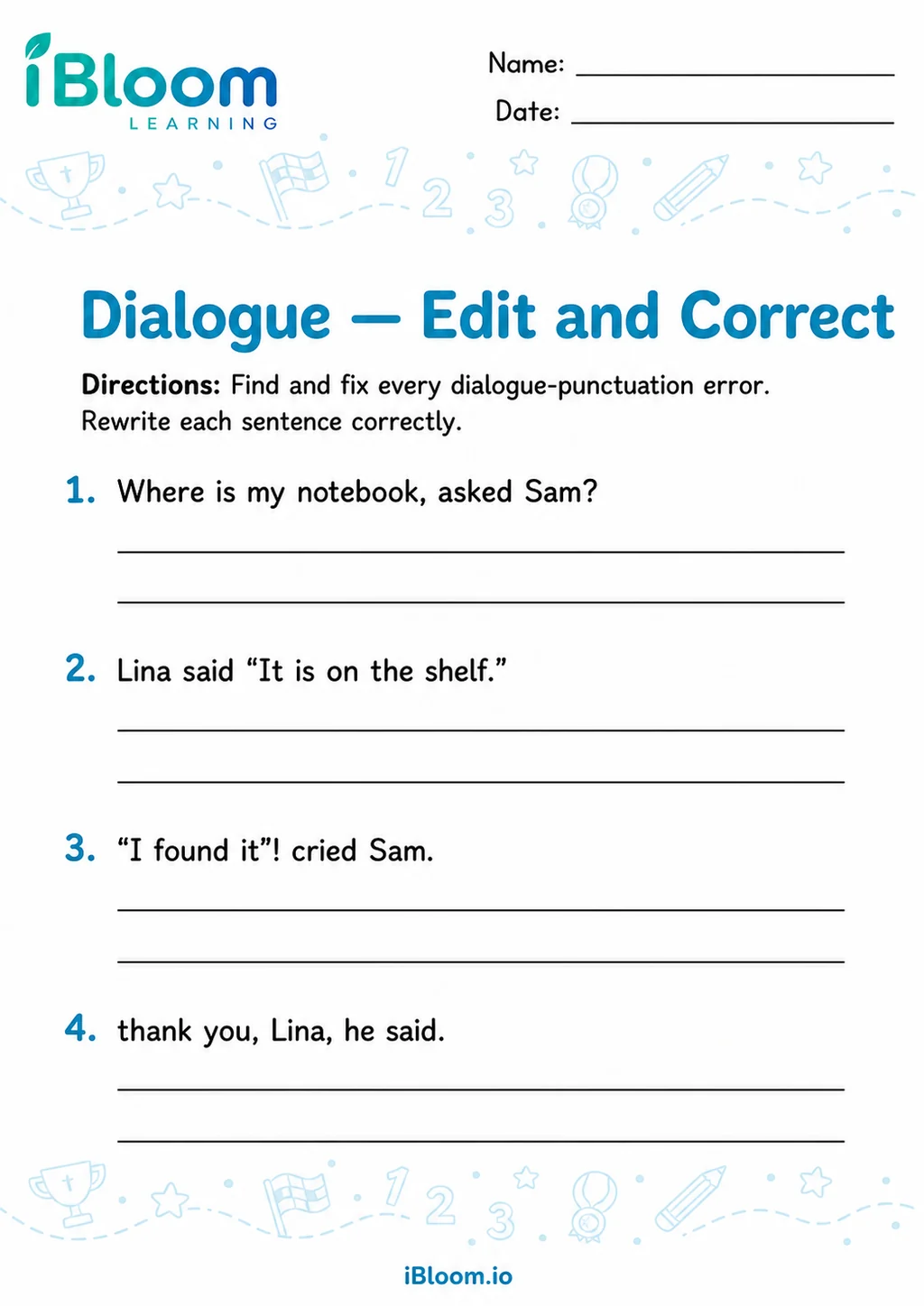 Preview of Dialogue — Edit and Correct worksheet