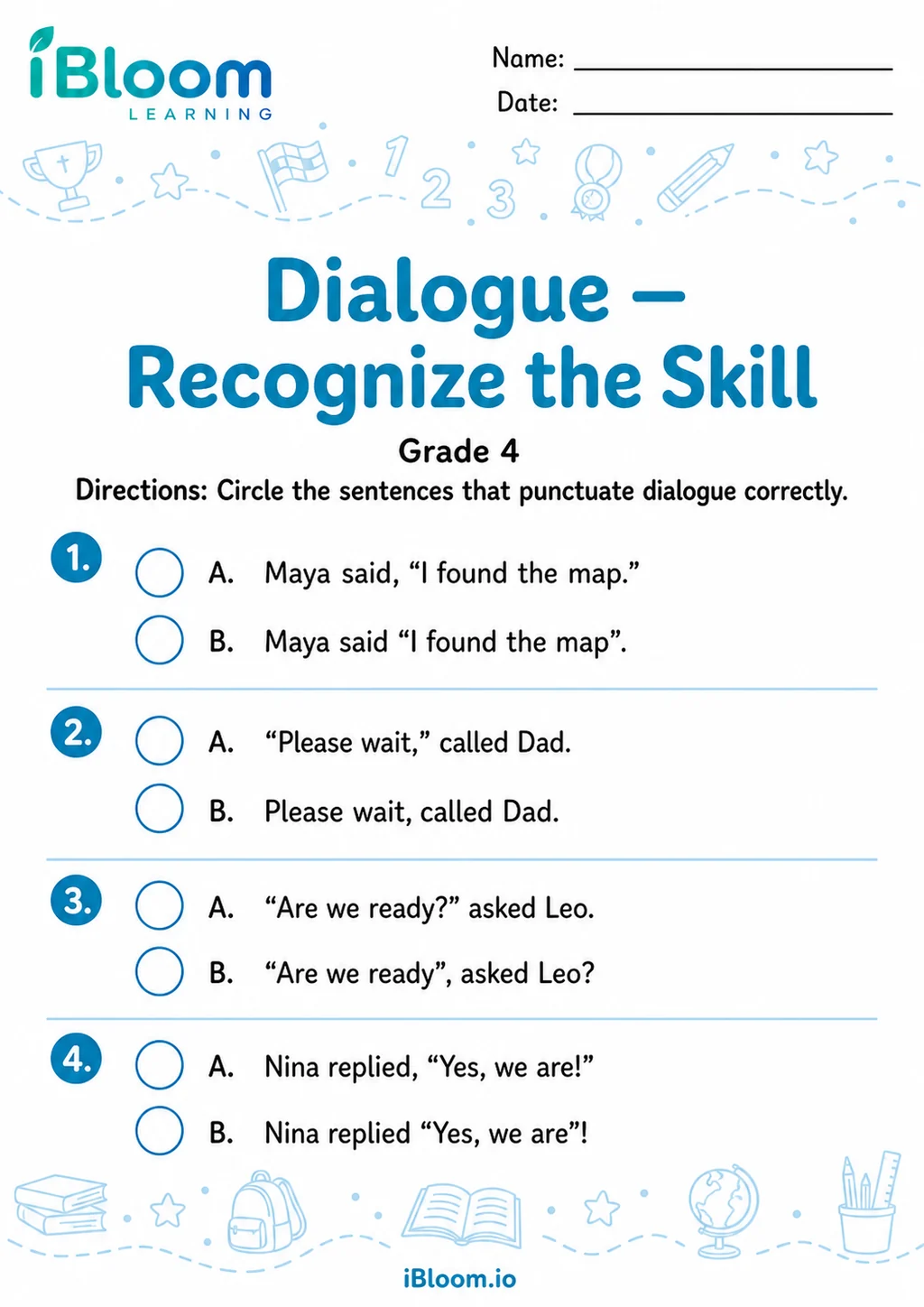 Dialogue — Recognize the Skill printable Grade 4 worksheet preview