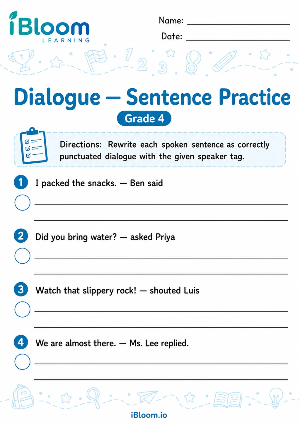 Preview of Dialogue — Sentence Practice worksheet