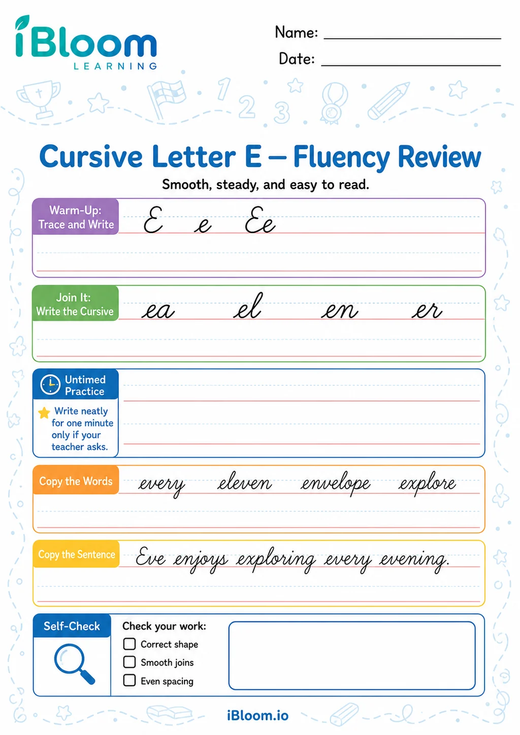 Preview of Letter E — Cursive Fluency Review worksheet