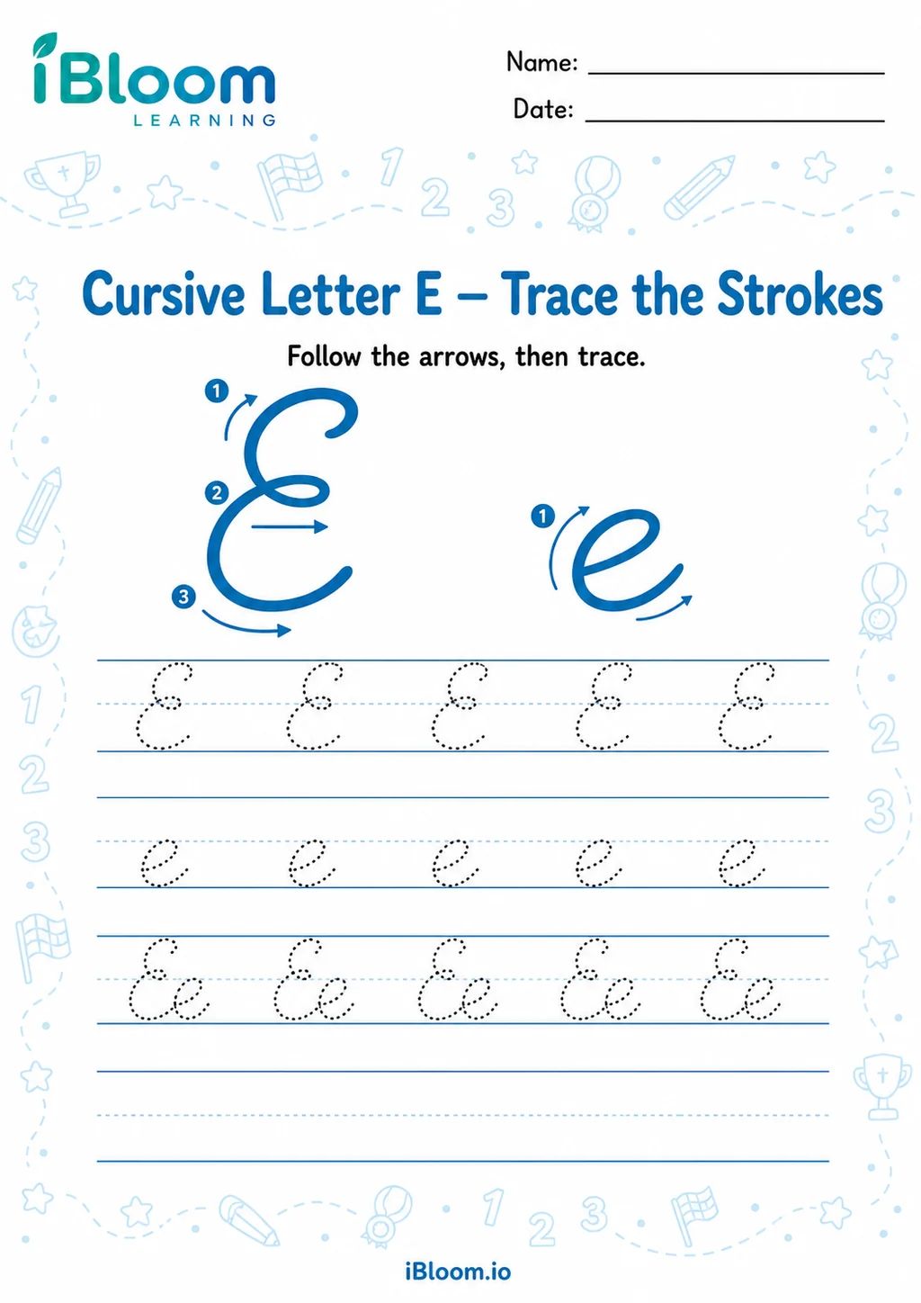 Preview page 1 of Letter E — Trace with Correct Strokes
