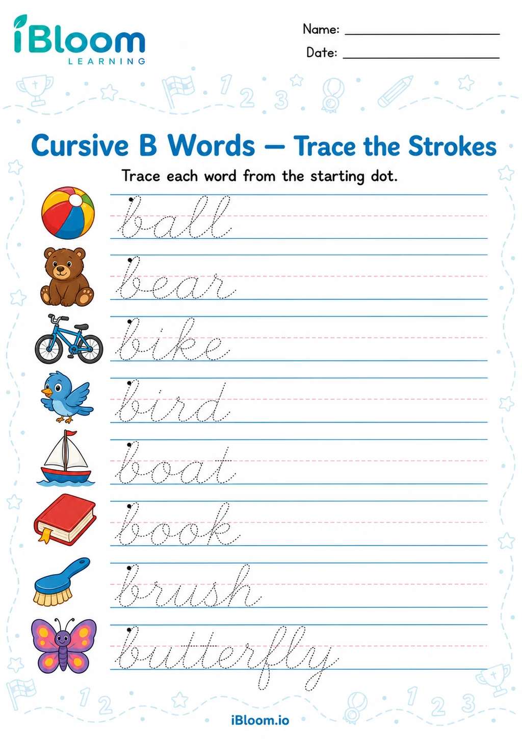Preview page 1 of B Words — Trace with Correct Strokes