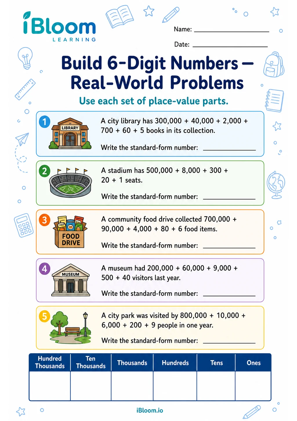 Preview of 6 Digit Number From Parts — Real-World Problems worksheet