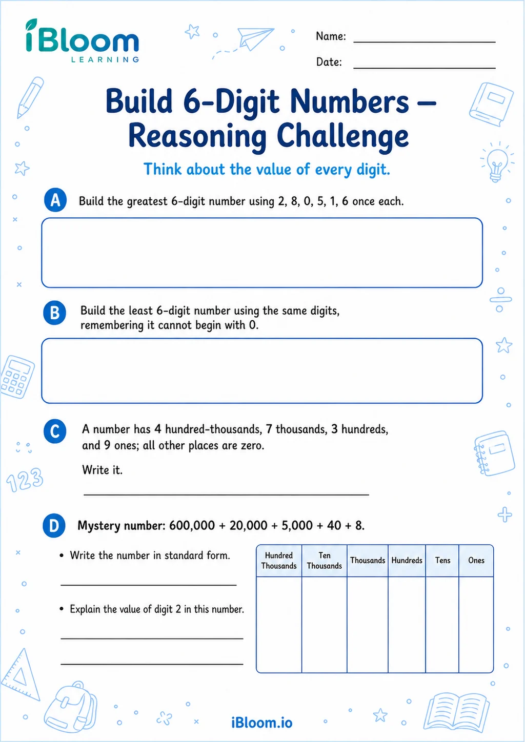 Preview of 6 Digit Number From Parts — Reasoning Challenge worksheet