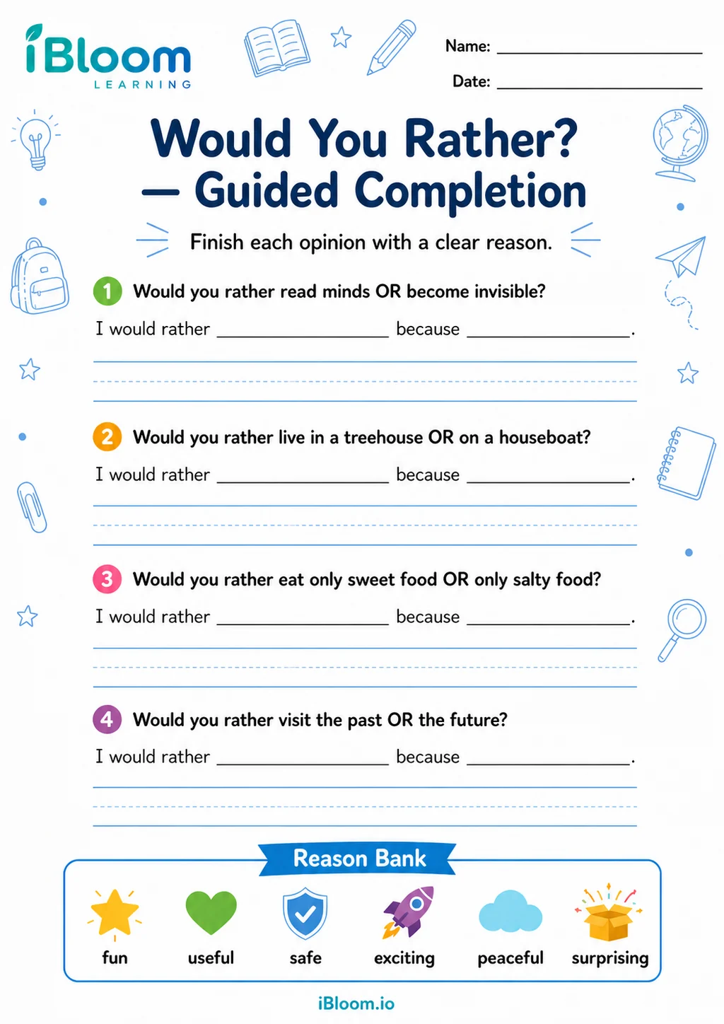 Preview of Generic Would You Rather — Guided Completion worksheet