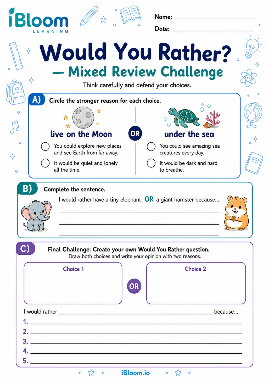 Preview of Generic Would You Rather — Mixed Review and Challenge worksheet