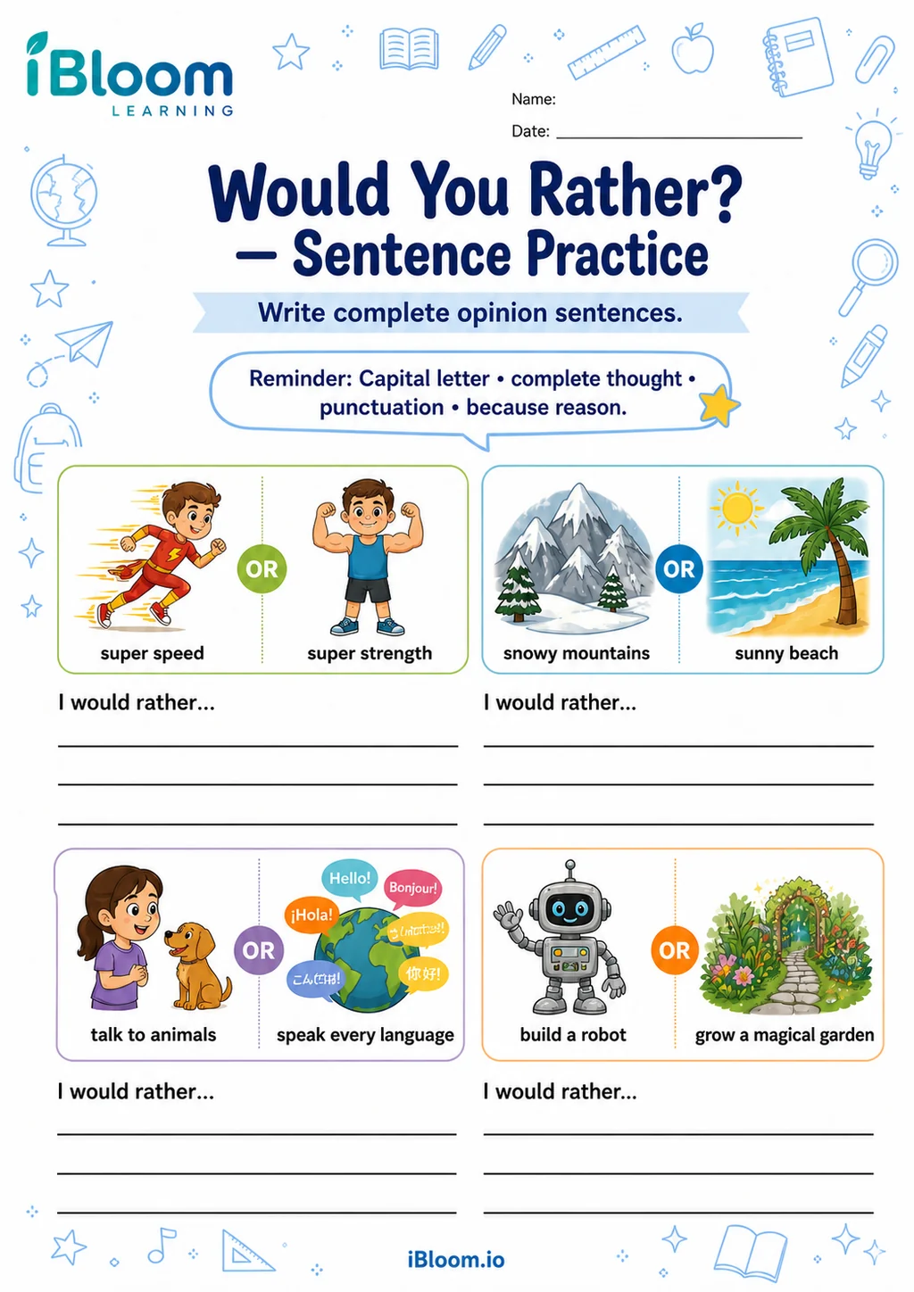 Preview of Generic Would You Rather — Sentence Practice worksheet