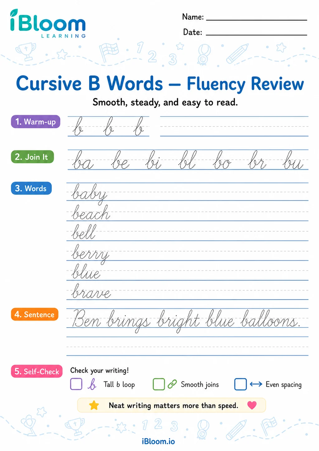 Preview of B Words — Cursive Fluency Review worksheet