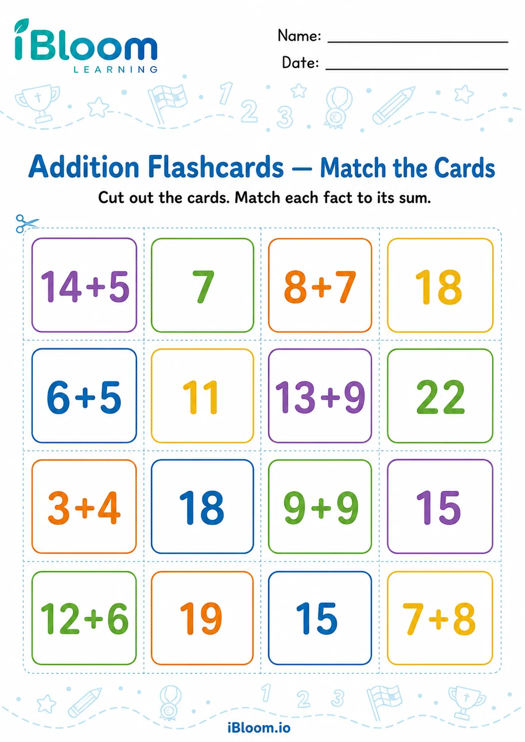 Addition — Match the Cards printable Kindergarten worksheet preview