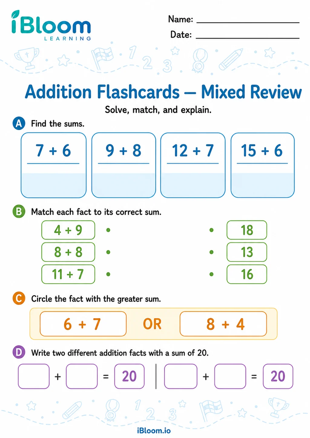 Preview of Addition — Mixed Flashcard Review worksheet