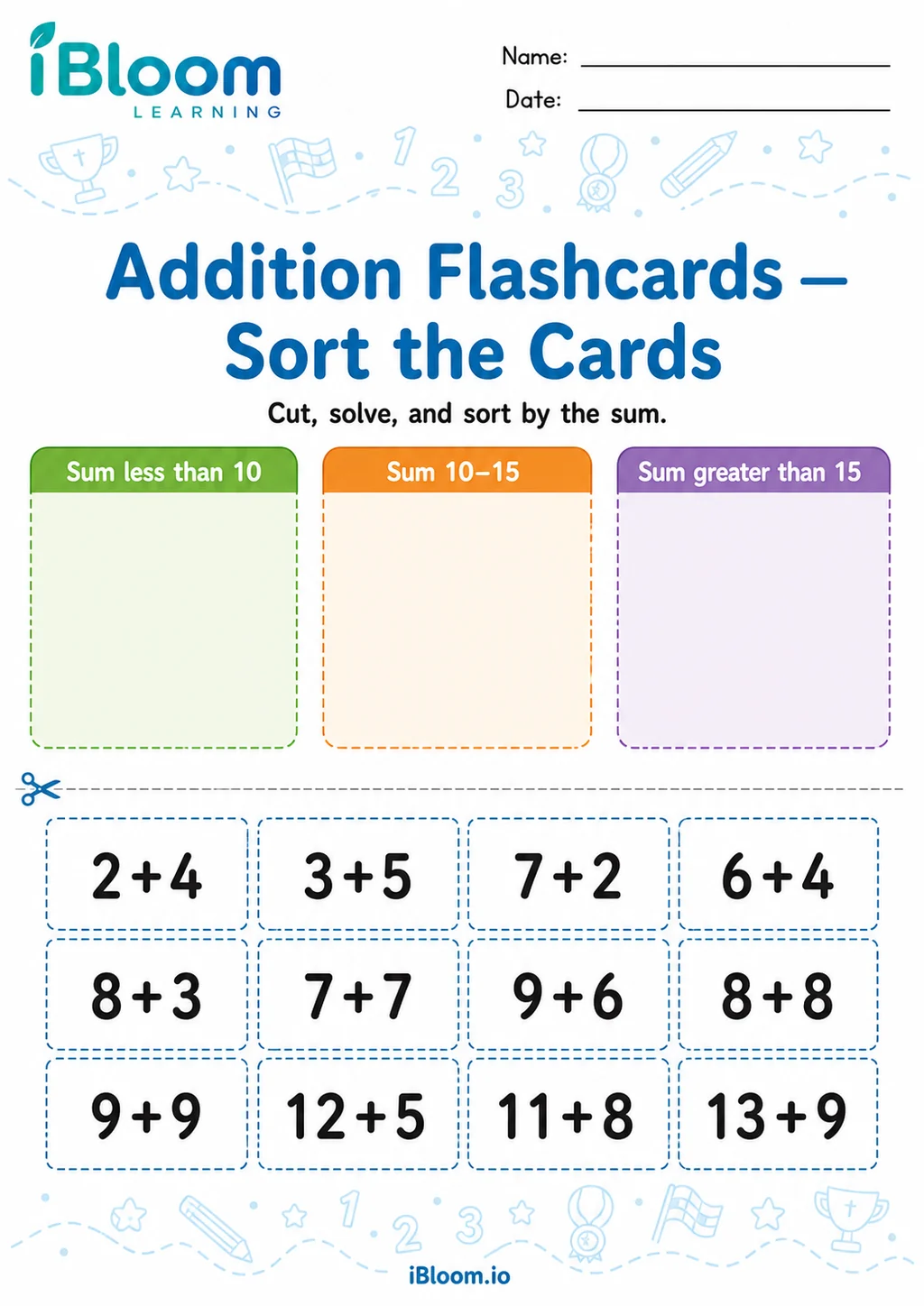Preview of Addition — Sort the Cards worksheet