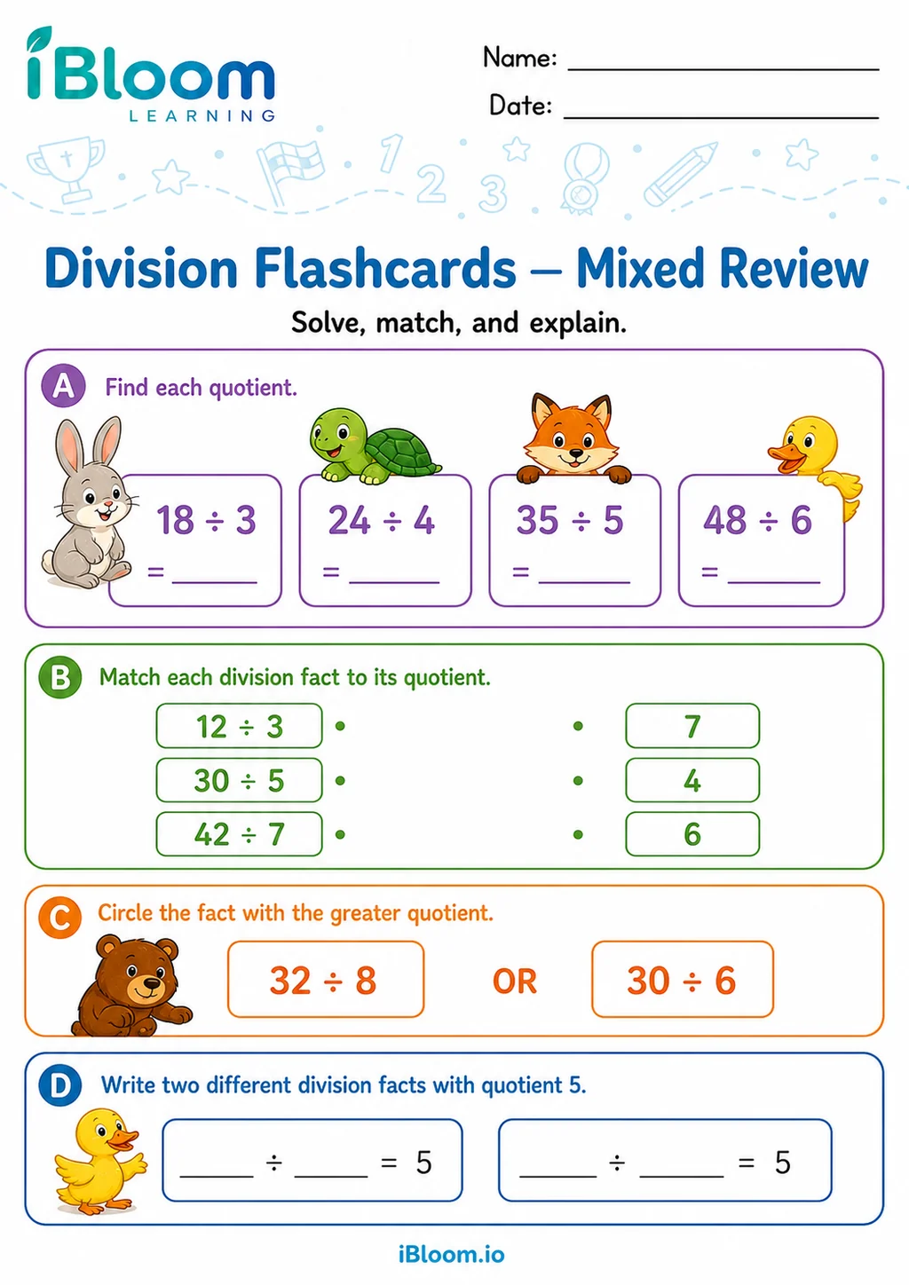 Preview of Division — Mixed Flashcard Review worksheet