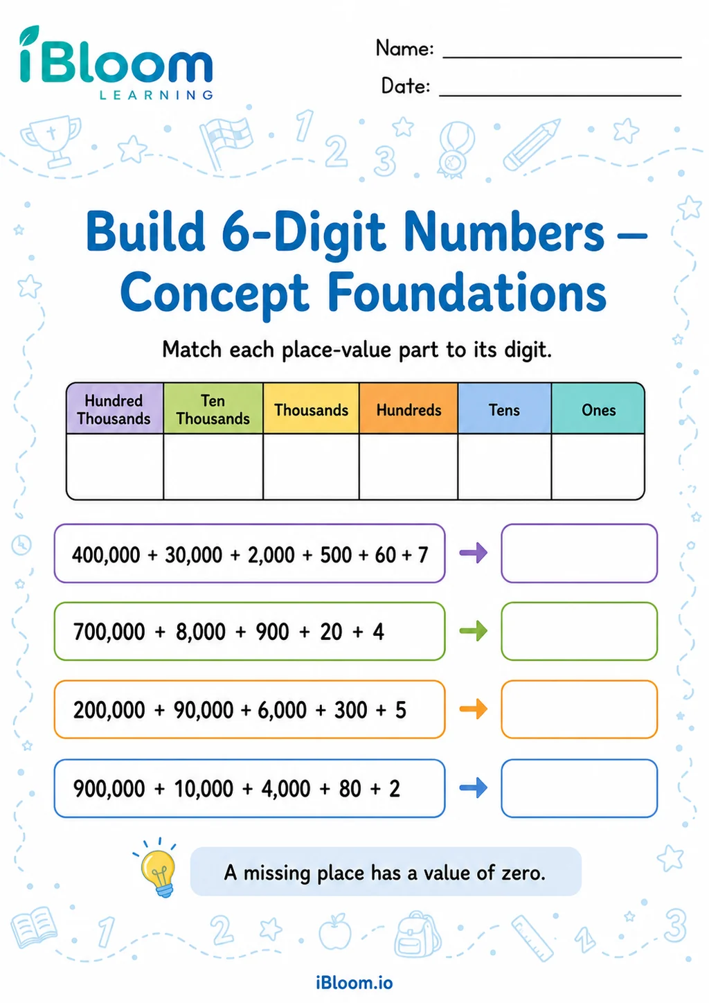 Preview page 1 of 6 Digit Number From Parts — Concept Foundations
