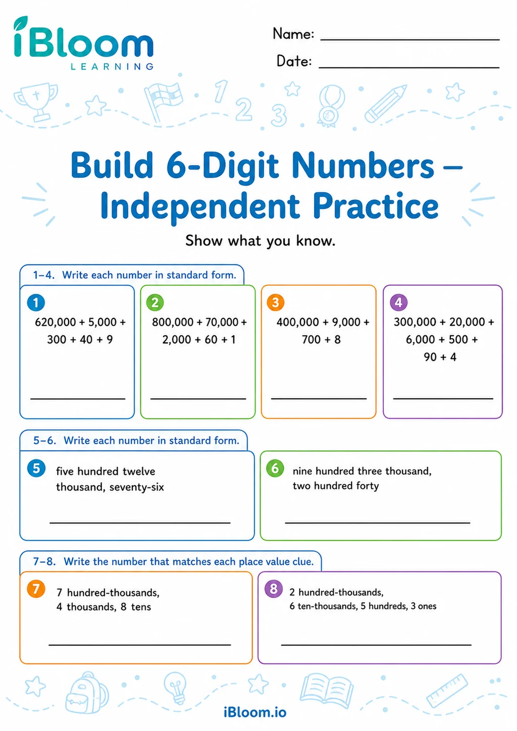 Preview of 6 Digit Number From Parts — Independent Practice worksheet