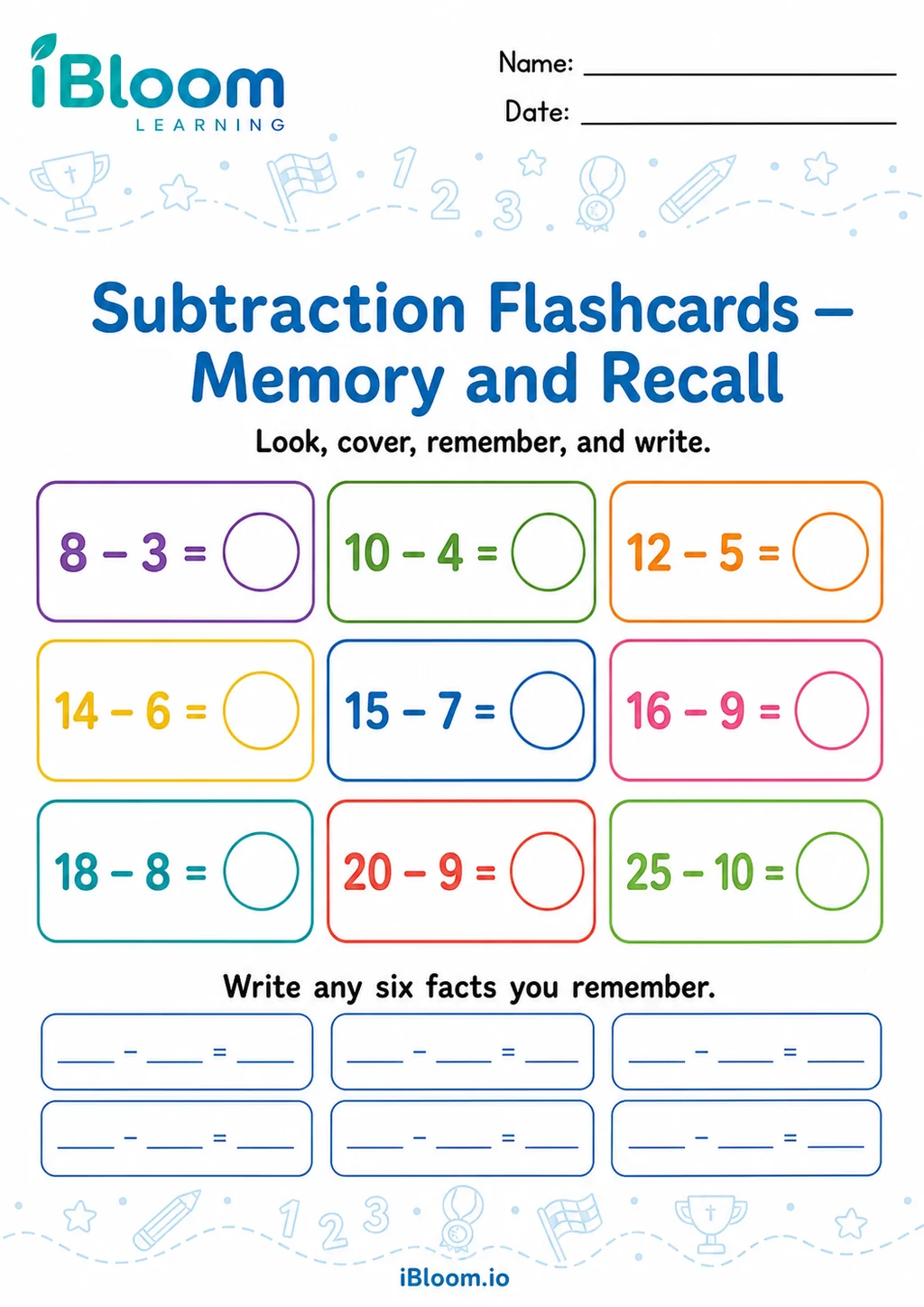 Preview of Subtraction — Memory and Recall worksheet