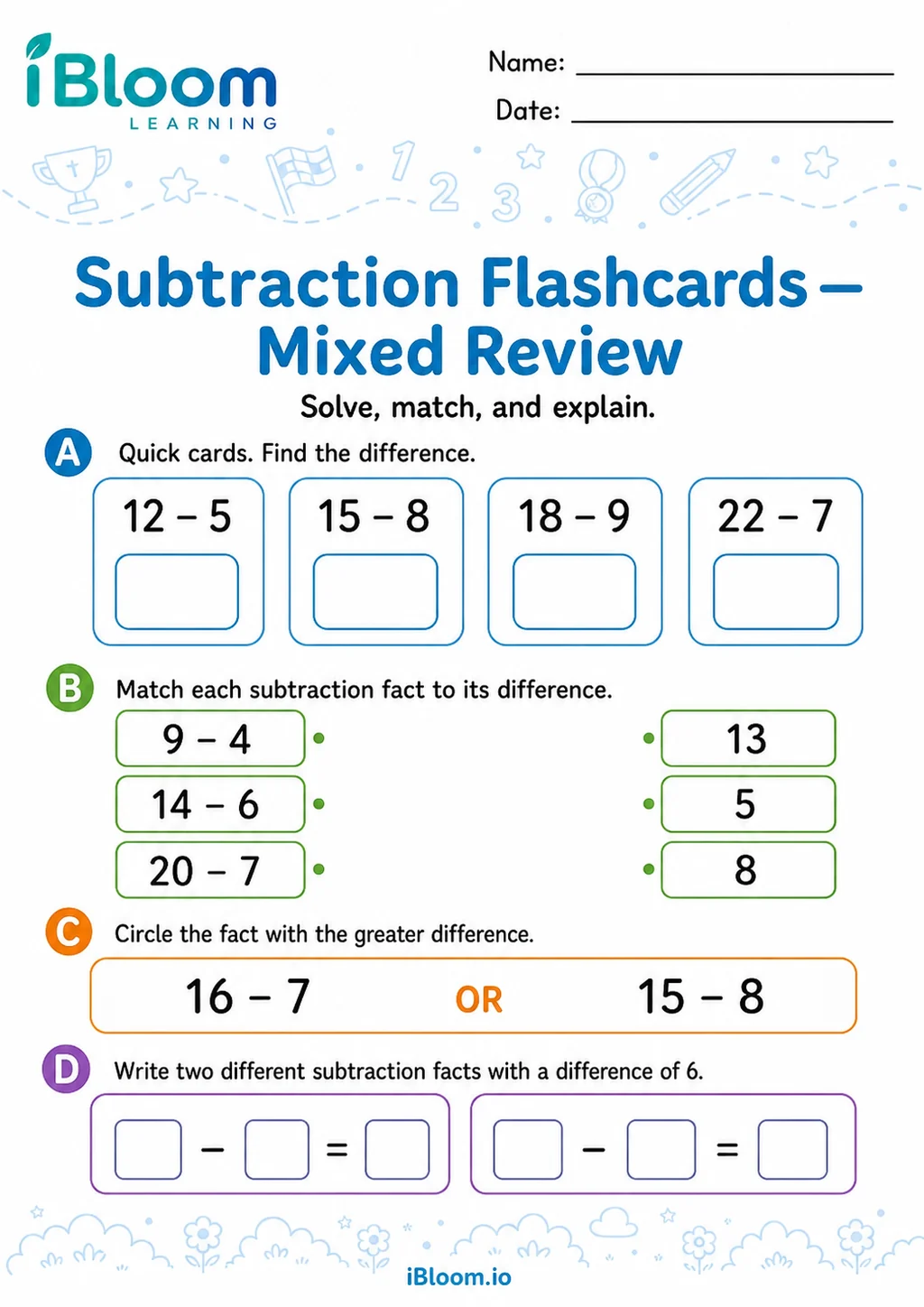 Preview of Subtraction — Mixed Flashcard Review worksheet