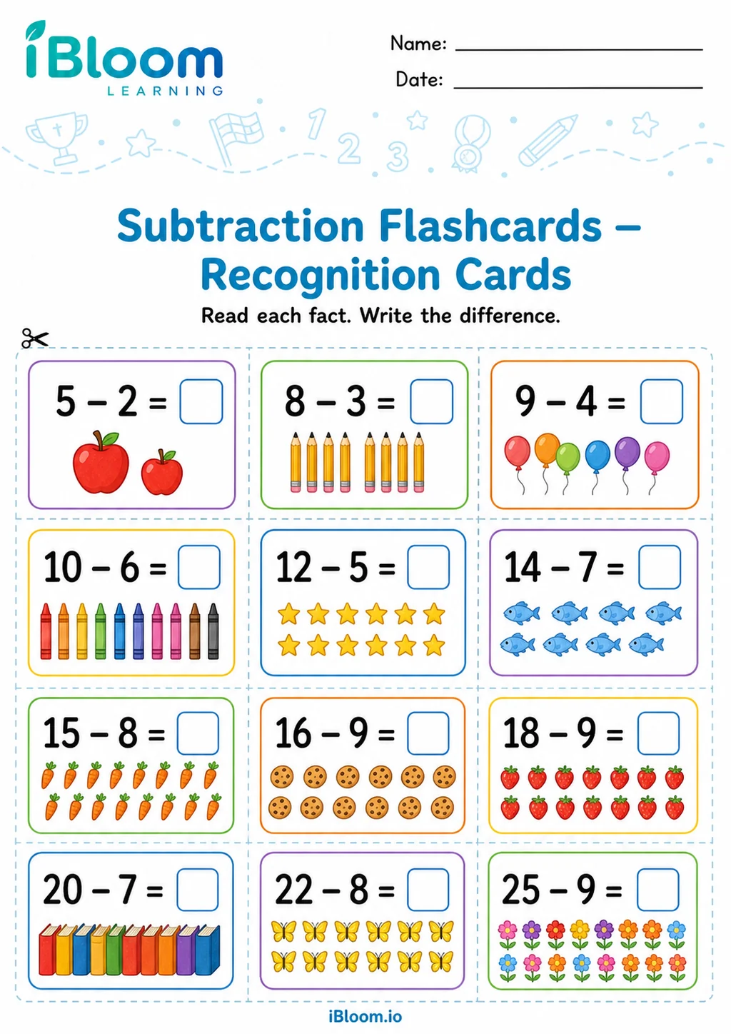 Subtraction — Recognition Cards printable Kindergarten worksheet preview
