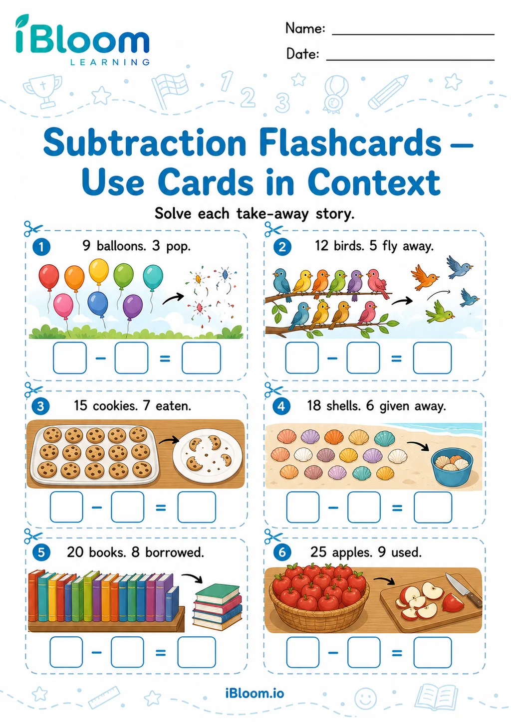 Preview of Subtraction — Use Cards in Context worksheet