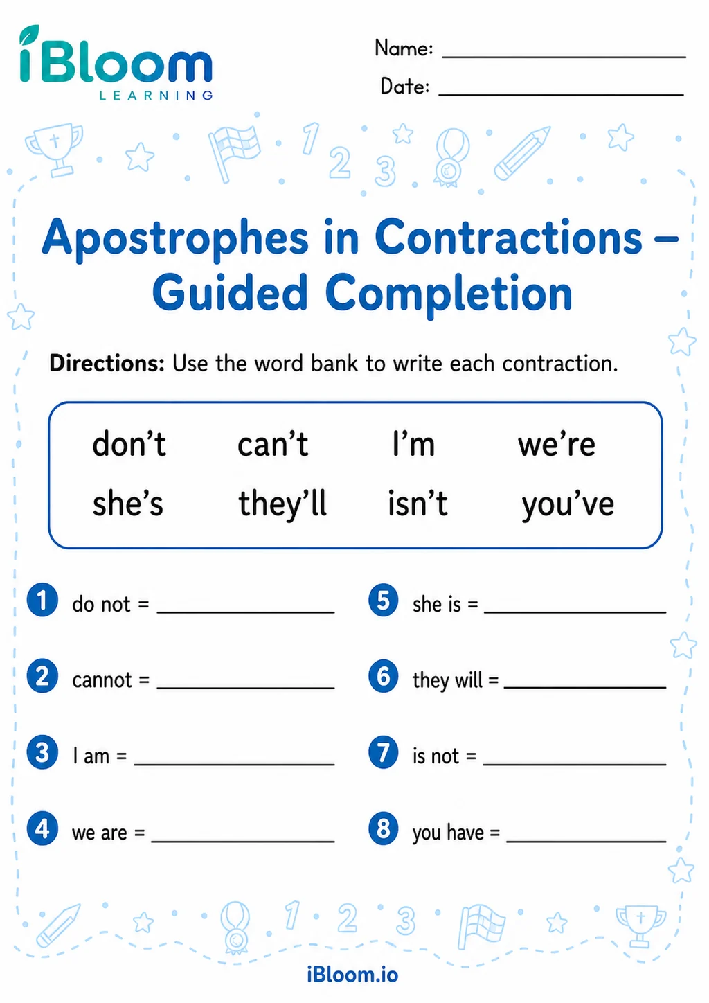 Preview of Apostrophes Contractions — Guided Completion worksheet