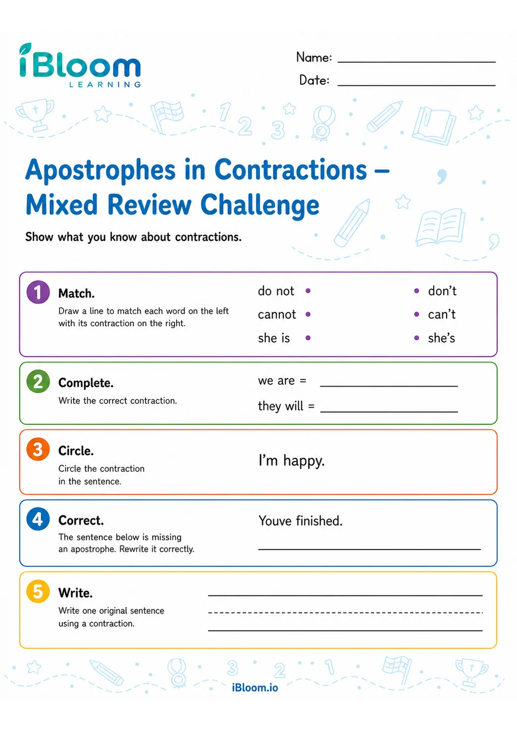 Preview of Apostrophes Contractions — Mixed Review and Challenge worksheet