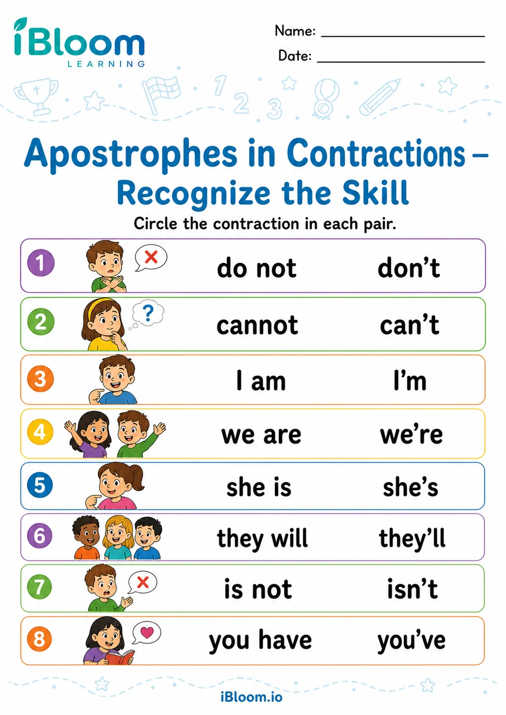 Preview page 1 of Apostrophes Contractions — Recognize the Skill
