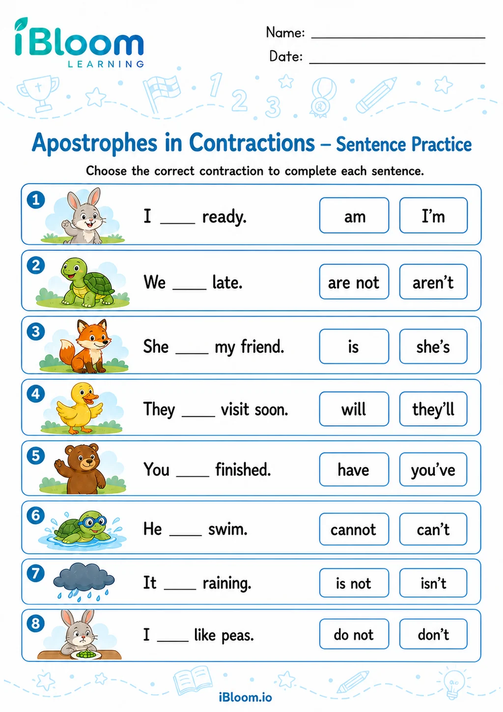 Preview of Apostrophes Contractions — Sentence Practice worksheet