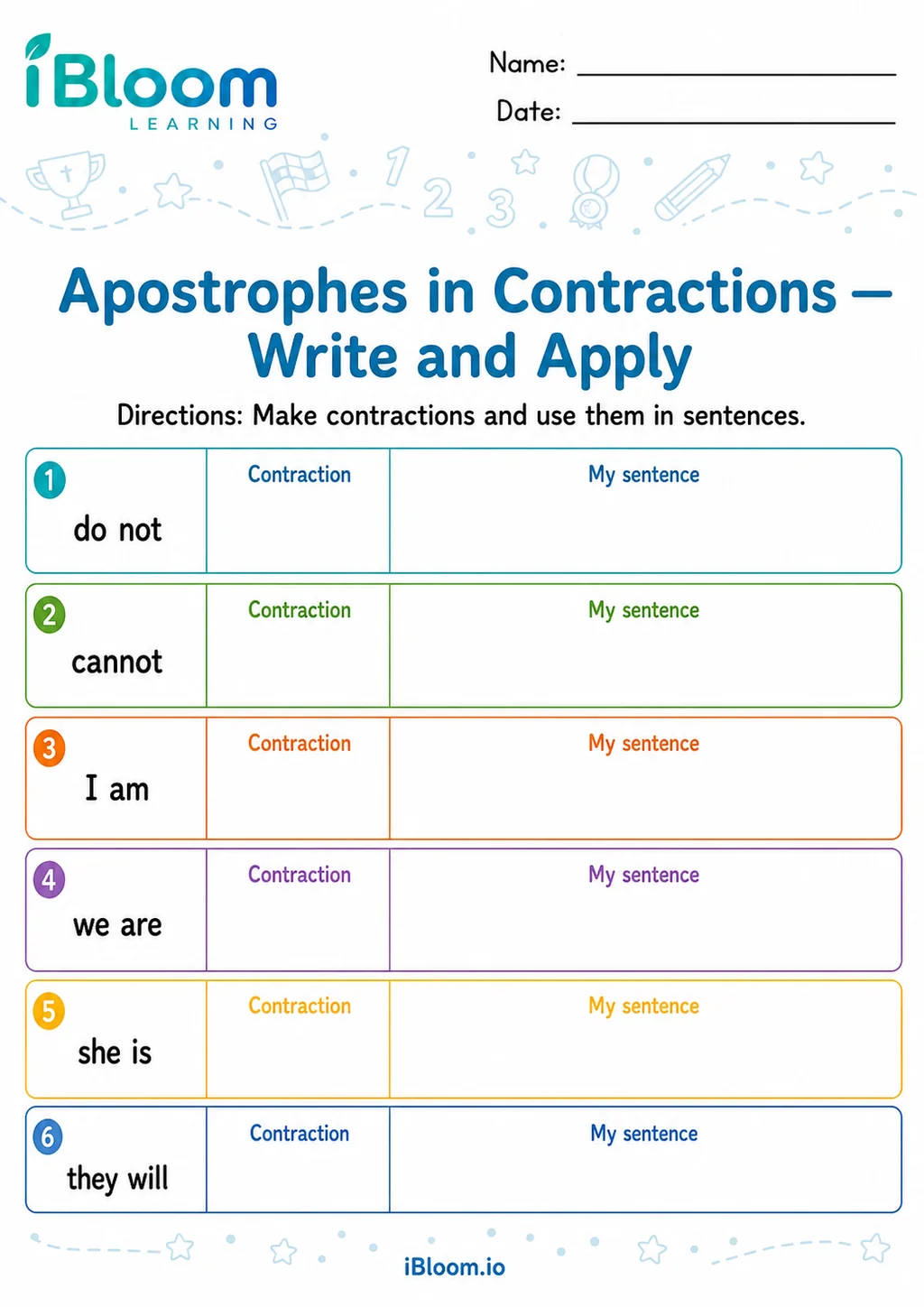 Preview of Apostrophes Contractions — Write and Apply worksheet