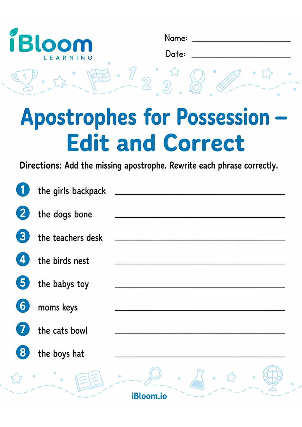 Preview of Apostrophes Possession — Edit and Correct worksheet