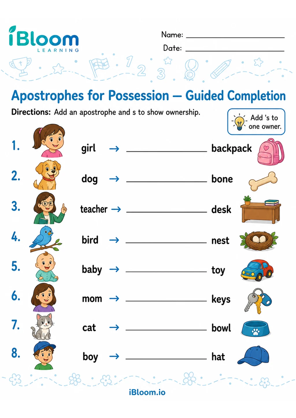 Preview of Apostrophes Possession — Guided Completion worksheet