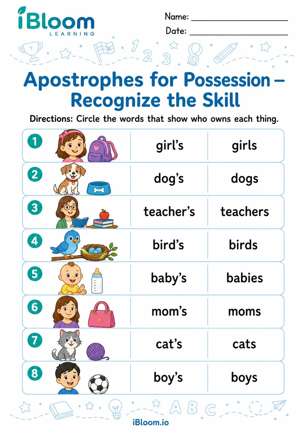 Preview page 1 of Apostrophes Possession — Recognize the Skill
