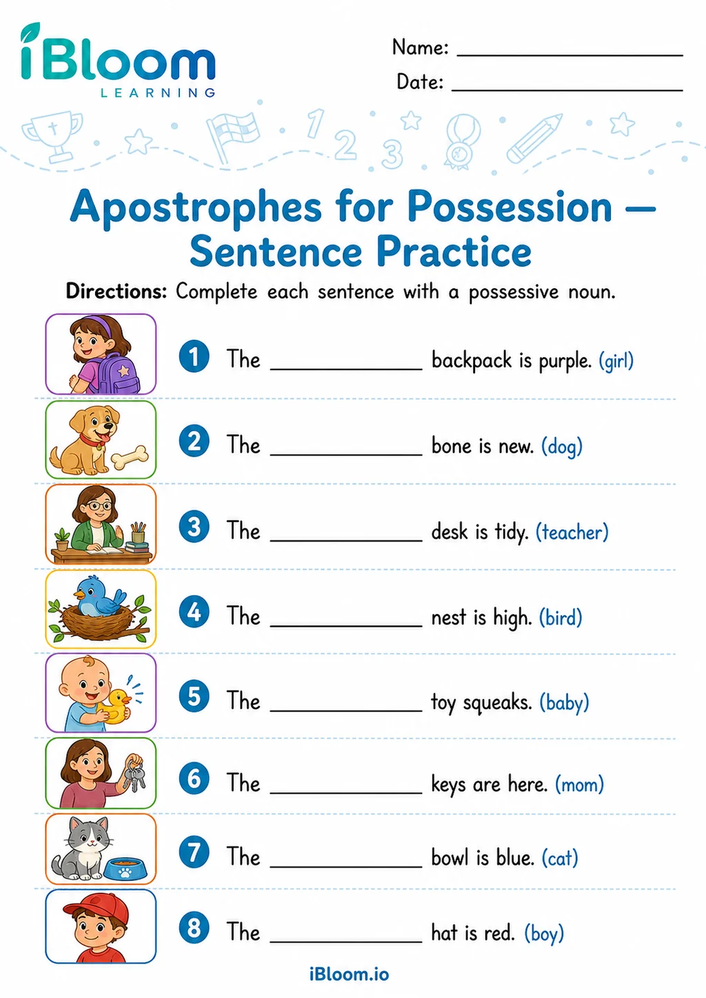 Preview of Apostrophes Possession — Sentence Practice worksheet