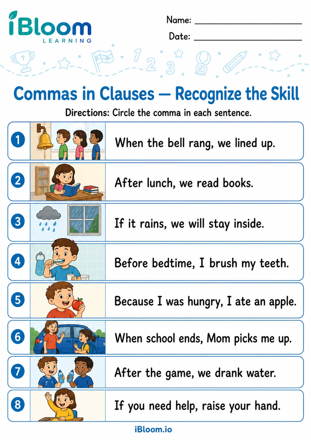 Preview of Commas Clauses — Recognize the Skill worksheet