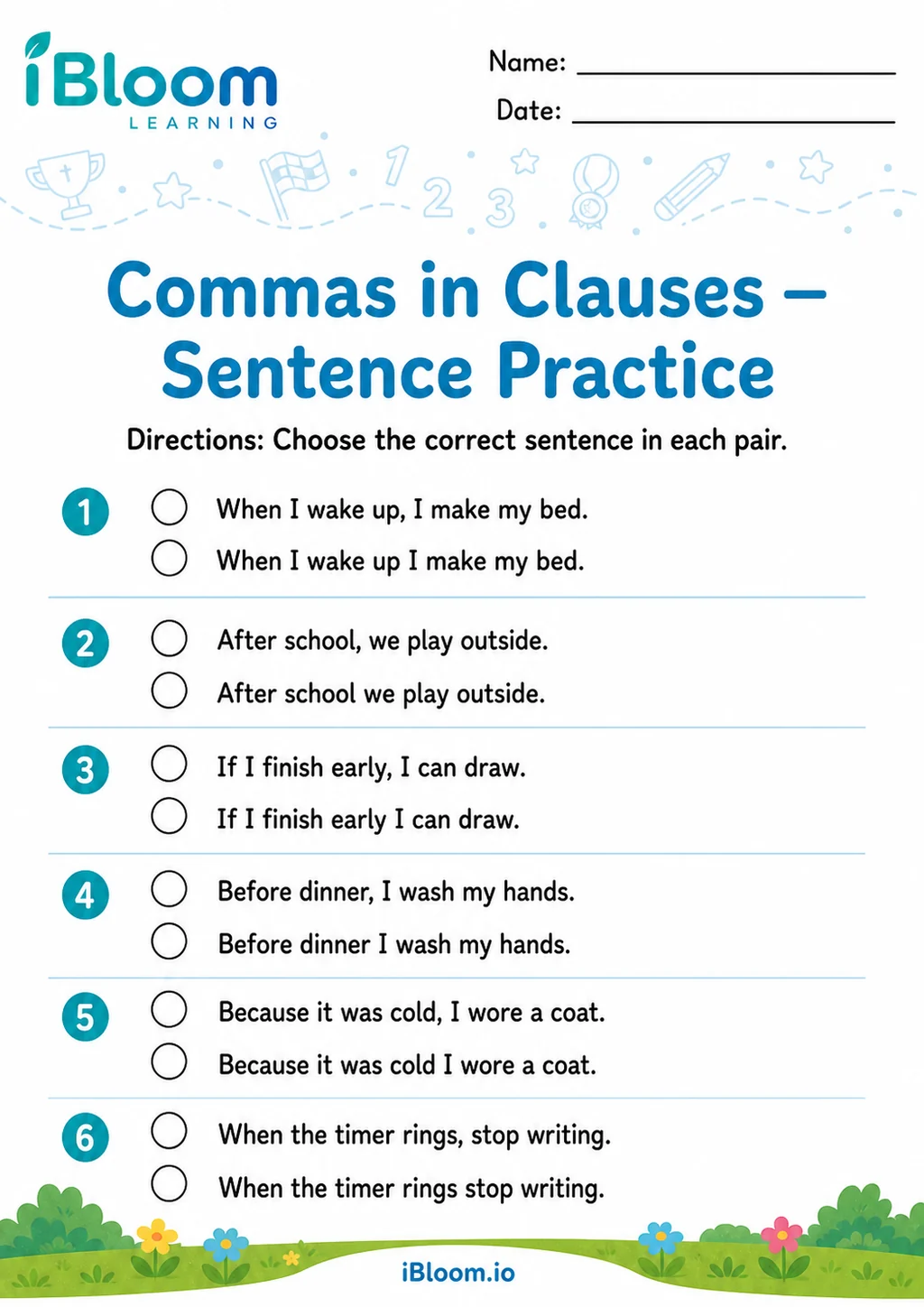 Preview page 1 of Commas Clauses — Sentence Practice